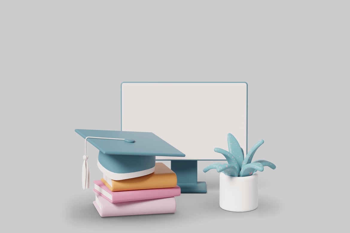 Download Books, graduation cap, monitor, and plant 3D Model