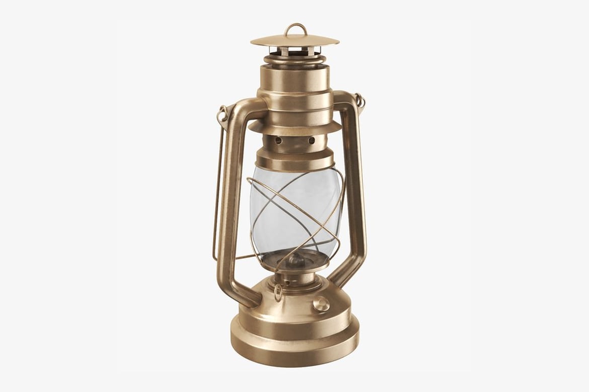 Download Brass Hurricane Oil Lamp, Portable Metal Lantern with Cylindrical Glass 3D Model