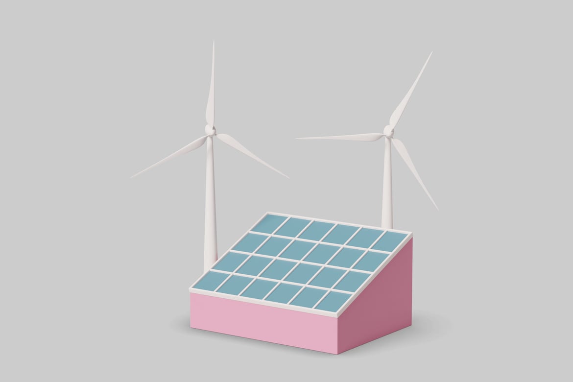 Download Building with Blue Solar Panels and Wind Turbines 3D Model