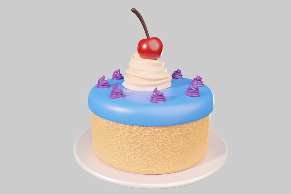 Download Cake with blue top, white frosting and cherry 3D Model