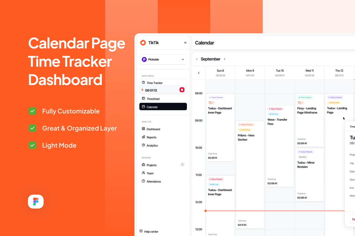 Download Calendar Page Time Tracker Dashboard - TikTik Figma Design