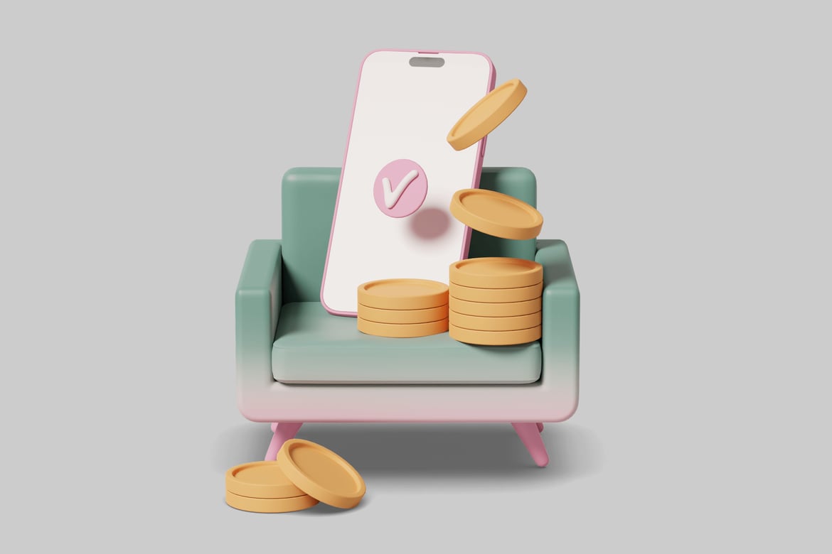 Download Cartoon illustration of a cell phone and coins on a chair. 3D Model