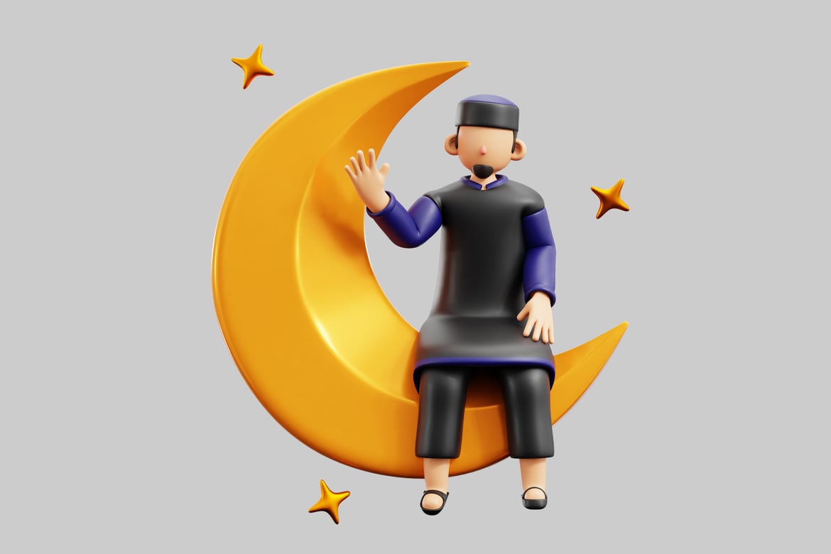 Download Cartoon illustration of a man sitting on a crescent moon, surrounded by stars. 3D Model