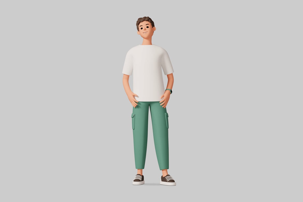 Download Cartoon man in white t-shirt, green pants, and black and white sneakers 3D Model