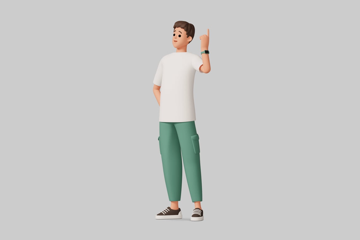 Download Cartoon man with brown hair, pointing upwards. 3D Model