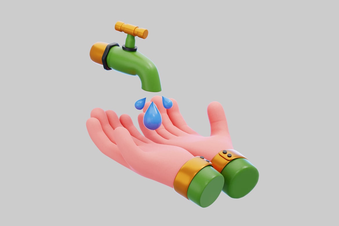 Download Cartoon-style faucet and hand with water droplets 3D Model