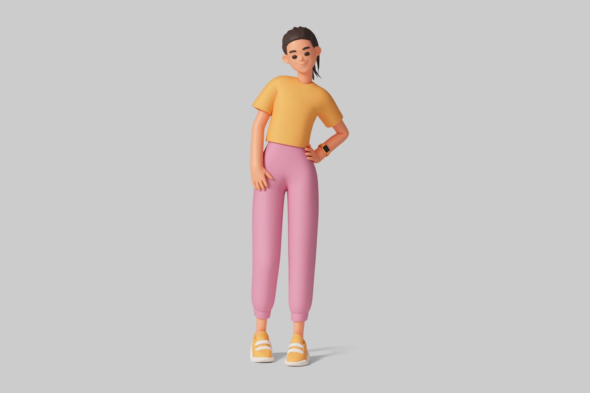 Download Cartoon-style illustration of a woman in yellow and pink. 3D Model