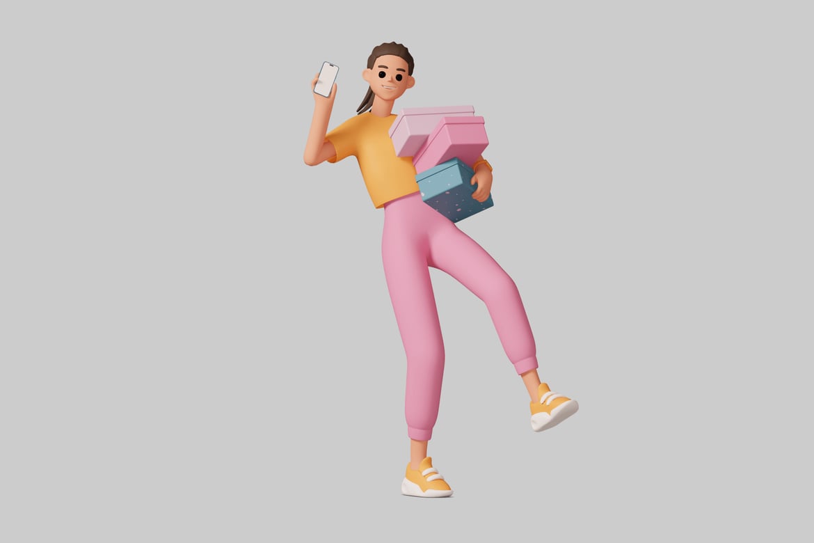 Download Cartoon woman holding a cell phone and three boxes 3D Model