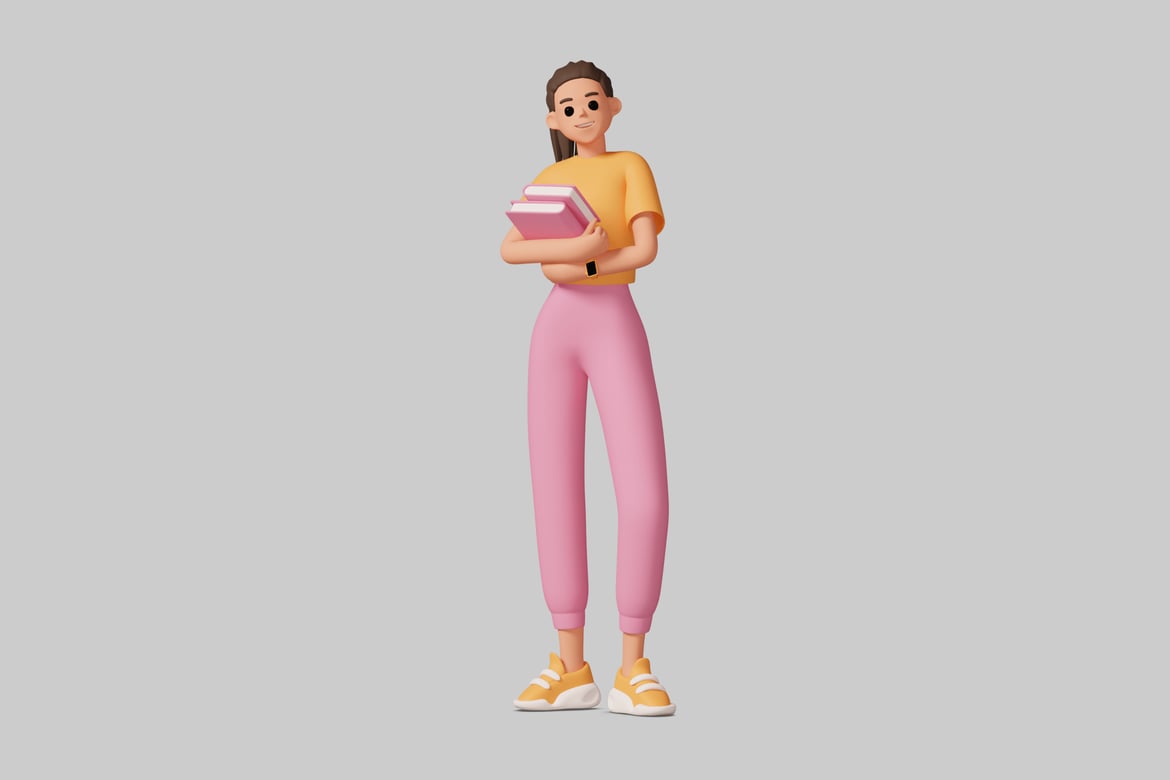 Download Cartoon woman holding three books 3D Model