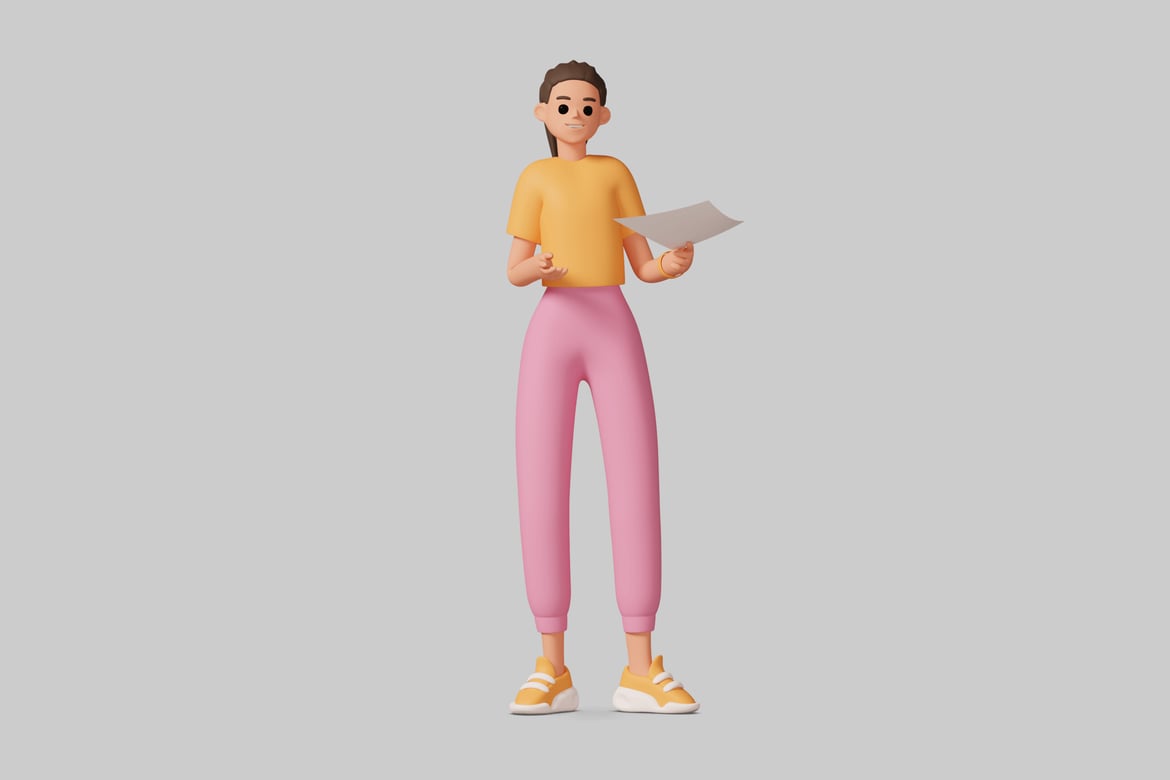 Download Cartoon woman standing with paper. 3D Model