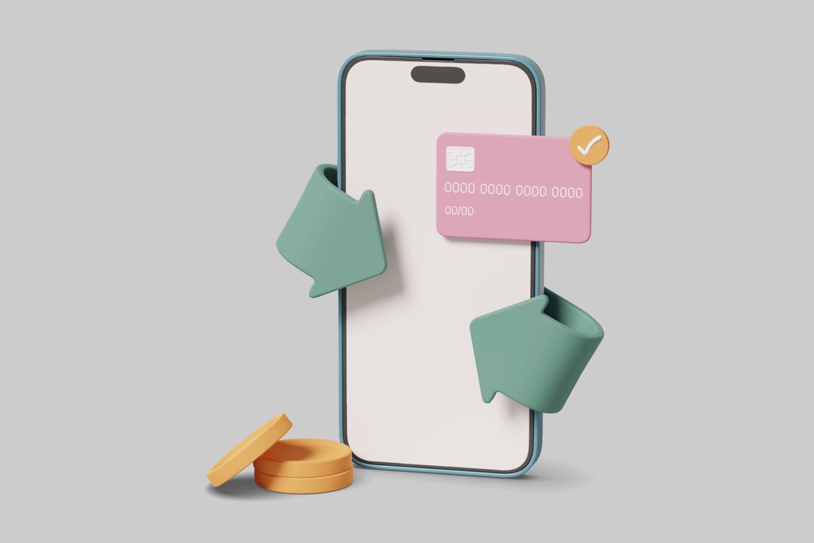 Download Cell phone with pink credit card, yellow coin, and green speech bubbles 3D Model