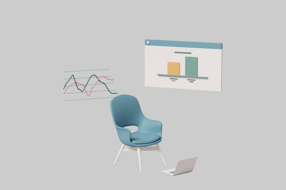 Download Chair with laptop and graphs. 3D Model