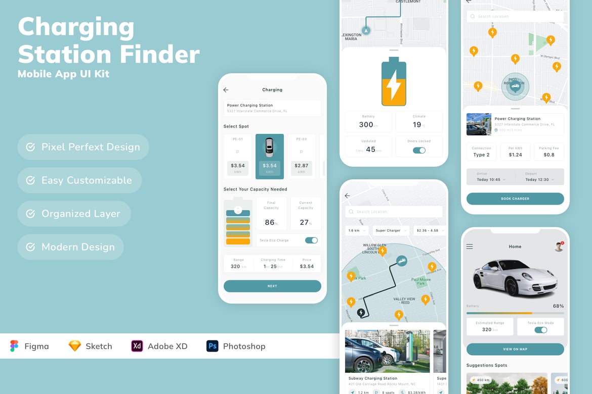 Download Charging Station Finder Mobile App UI Kit Figma Design