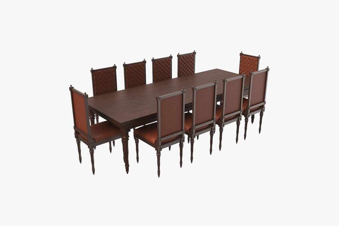 Download Classic Table, Dark Brown Ornate Dining Set with Quilted Chairs 3D Model