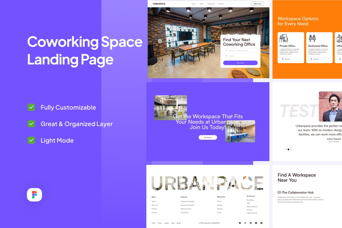 Download Co-working Space Landing Page - Urbanpace Figma Design