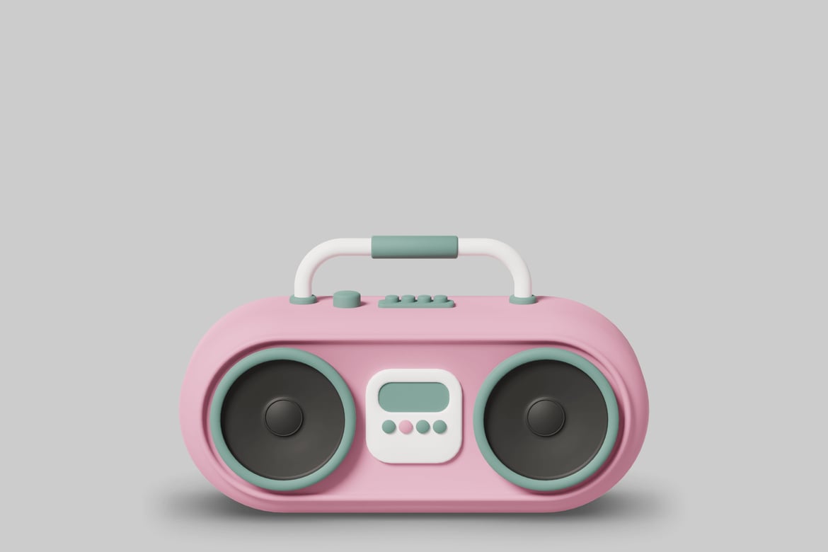 Download Compact pink boombox with white handle and green accents. 3D Model