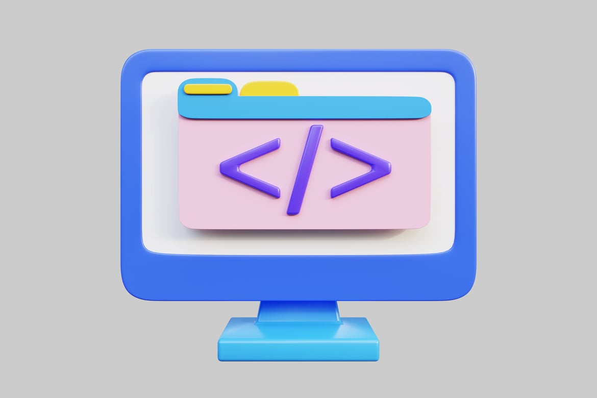 Download Computer monitor with a pink rectangle and two purple symbols. 3D Model