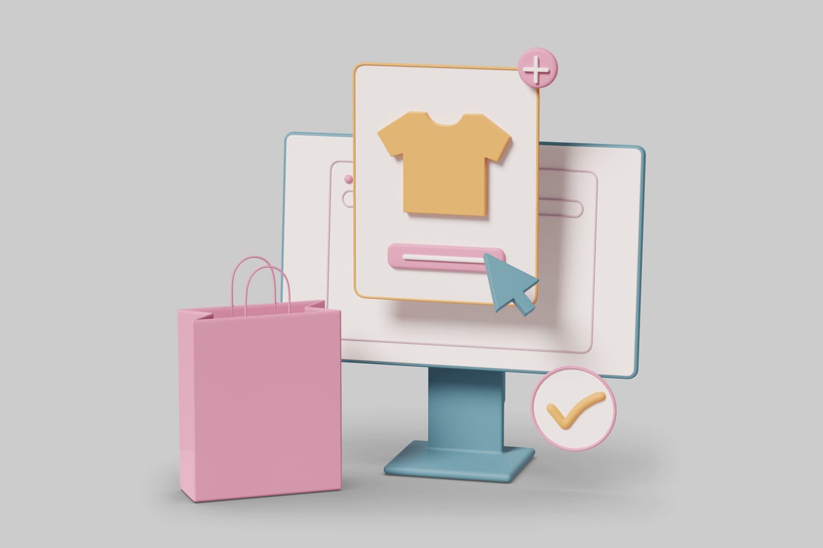 Download Computer monitor with shopping bag and t-shirt 3D Model