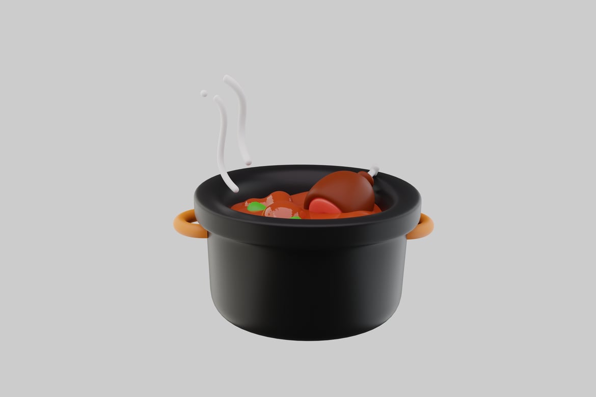 Download Cooking vessel with red sauce and brown and green objects. 3D Model