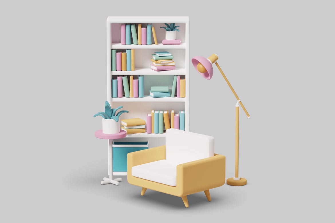 Download Cozy living room with a bookshelf, chair, floor lamp, and plant 3D Model