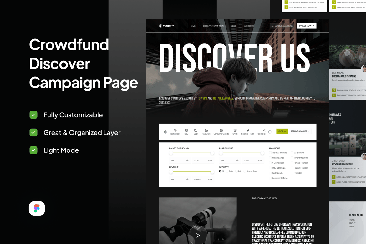 Download Crowdfund Discover Campaign Page - Ventury Figma Design