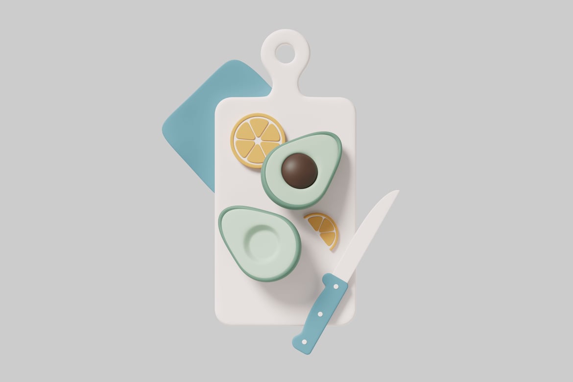 Download Cutting board with avocado, lemon and knife 3D Model