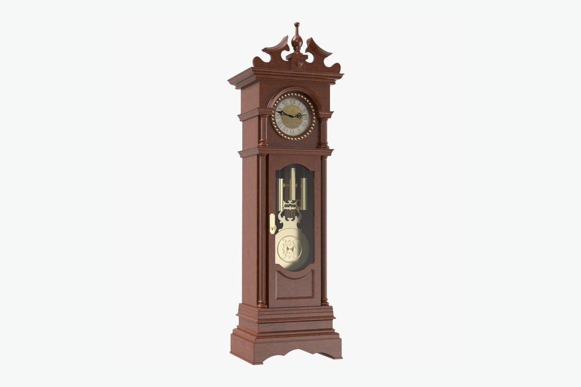 Download Dark Brown Grandfather Clock with White Face and Gold Accents 3D Model