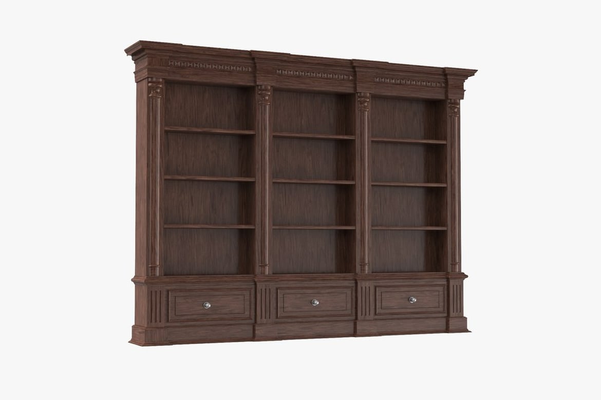 Download Dark Brown Wooden Bookcase with Decorative Capitals and Silver Drawer Knobs 3D Model