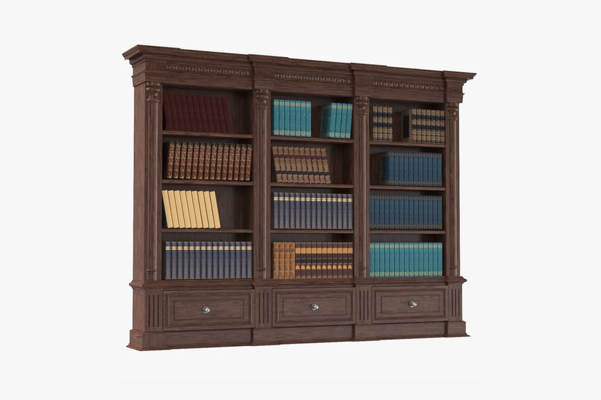 Download Dark Brown Wooden Bookcase with Varied Books and Three Drawers 3D Model