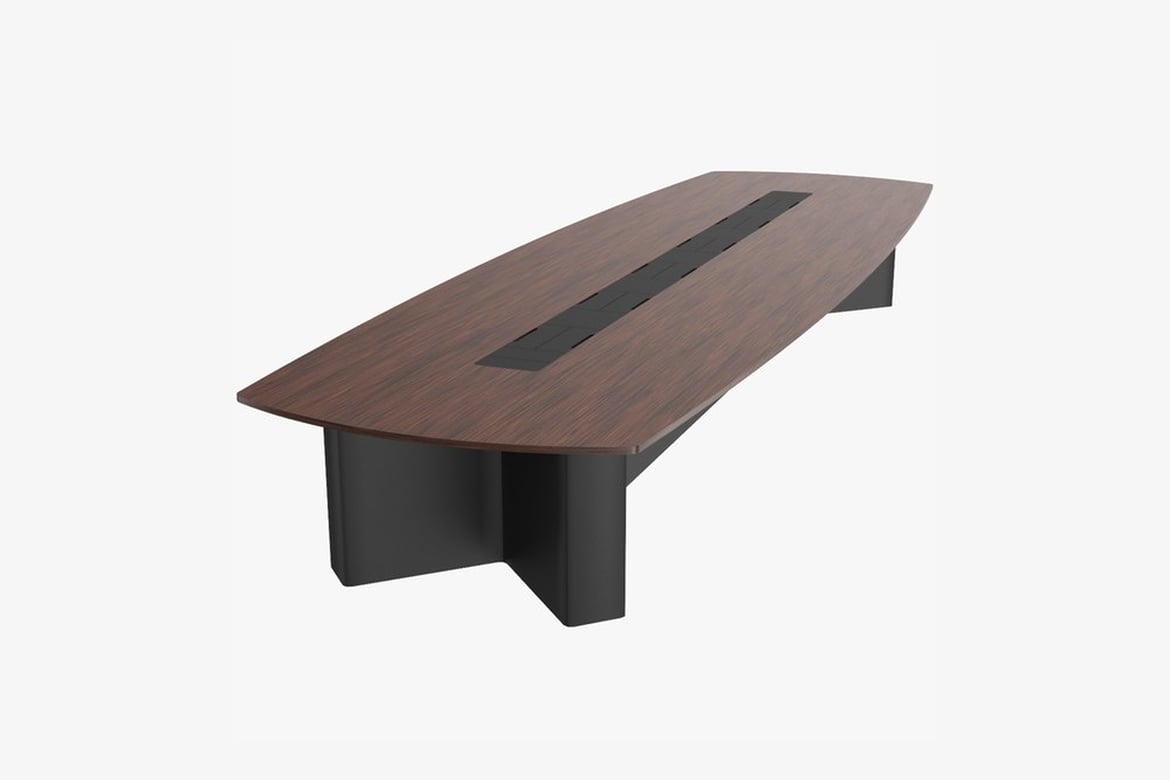 Download Dark Brown Wooden Table with Central Cutout and Black Legs 3D Model