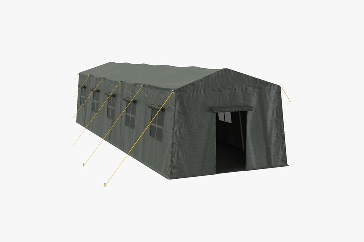 Download Dark Green Rectangular Tent with Yellow Ropes and Multiple Windows 3D Model