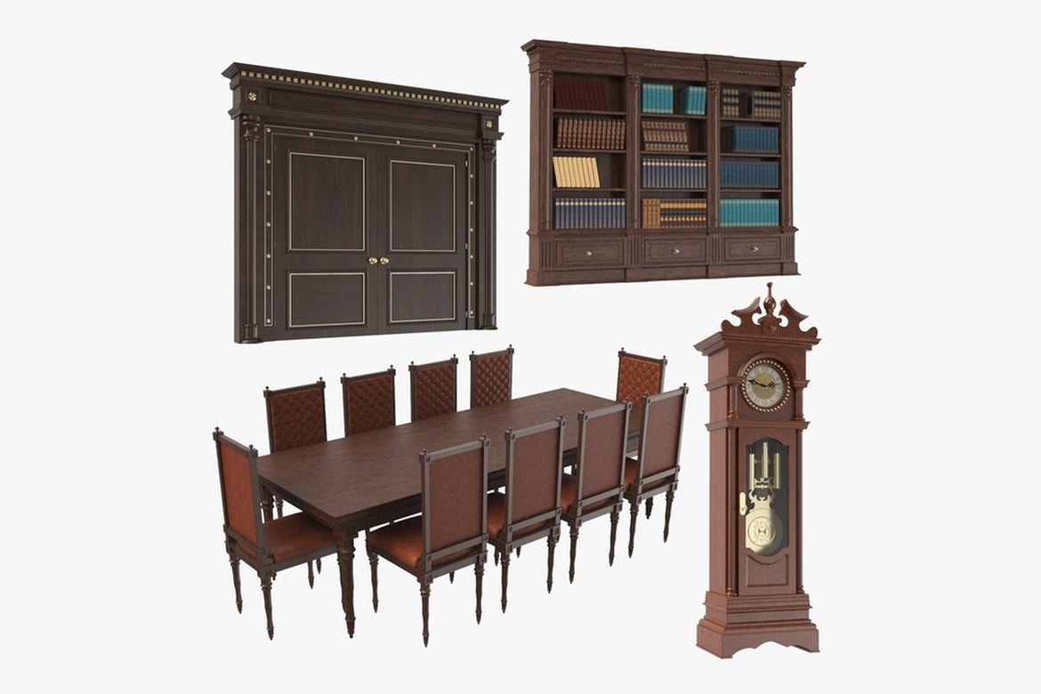 Download Dark Wood Dining Set with Grandfather Clock and Bookcase 3D Model