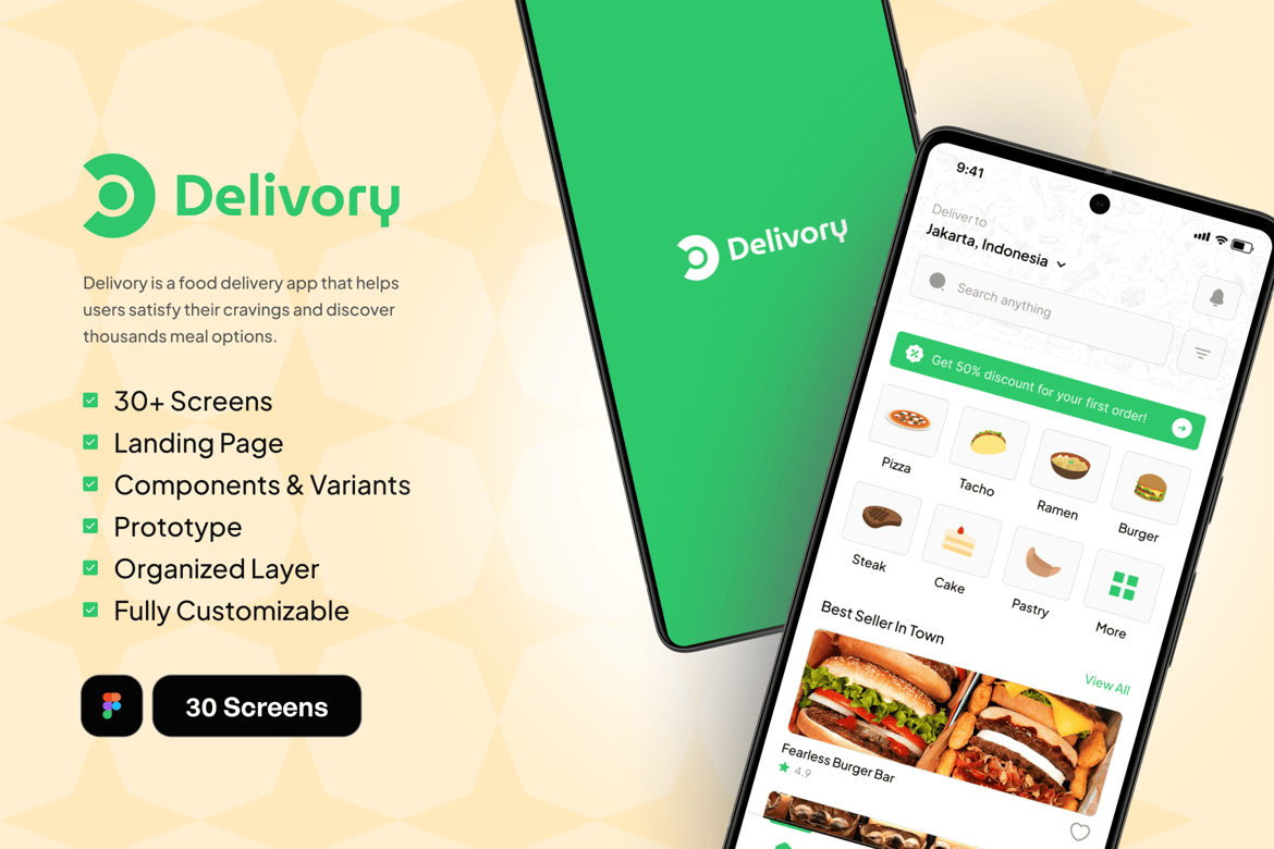 Download Delivory - Food Delivery App UI Kit Figma Design