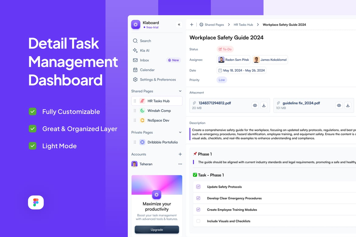 Download Detail Task Management Dashboard - Klaboard Figma Design