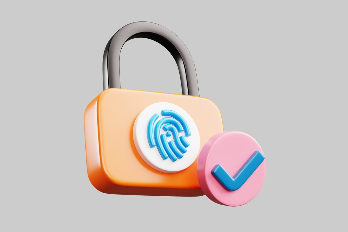 Download Digital illustration of a padlock with fingerprint and verification icons 3D Model