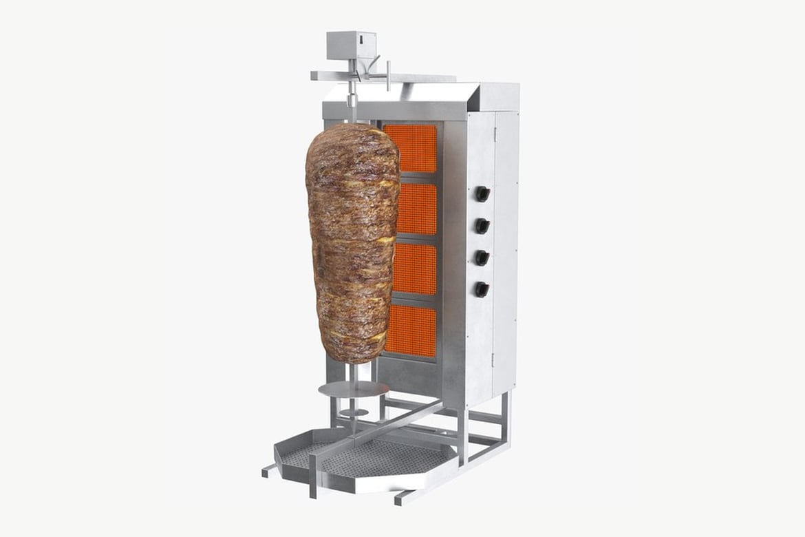 Download Doner Machine, Silver Cylindrical Food Processing Device with Brown Meat Attachment and Orange Panels 3D Model