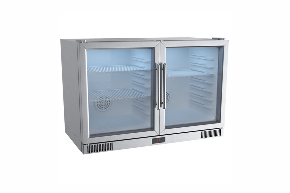 Download Double-Door Refrigerator with Visible Interior Shelves and Digital Display 3D Model