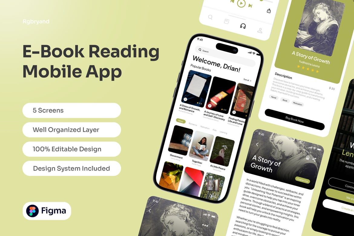 Download E-Book Reading Mobile App Template Figma Design