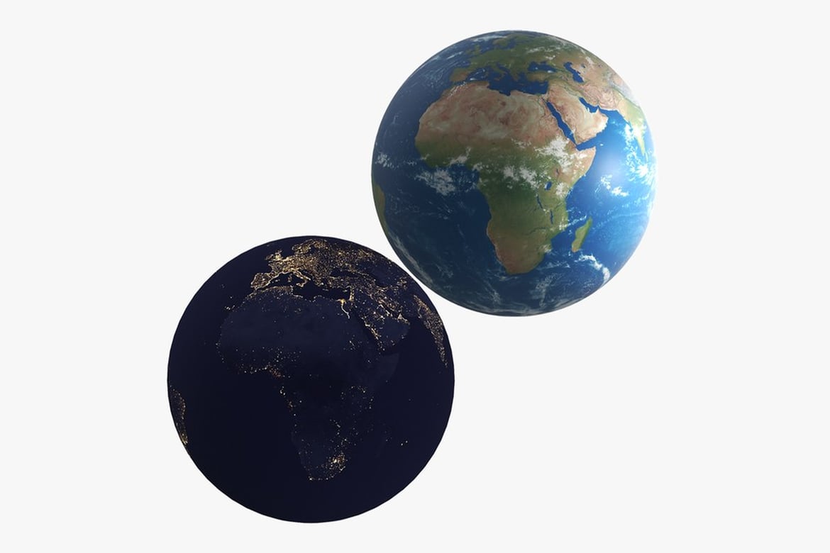 Download Earth Day and Night, Juxtaposition of Illuminated and Darkened Rotating Globes 3D Model