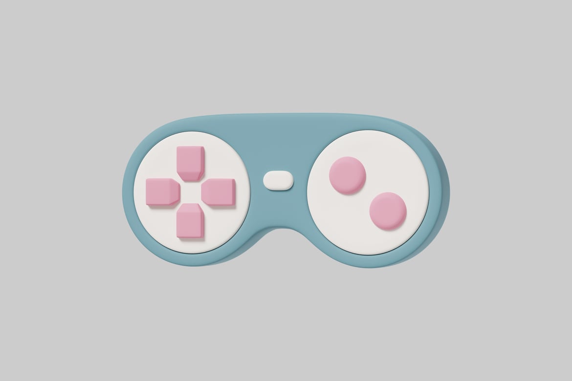 Download Electronic game controller with light blue body and white buttons. 3D Model