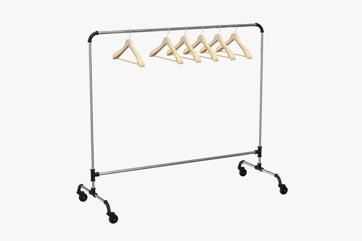 Download Empty Clothes Stand, Silver Metal Garment Rack with Wooden Hangers 3D Model