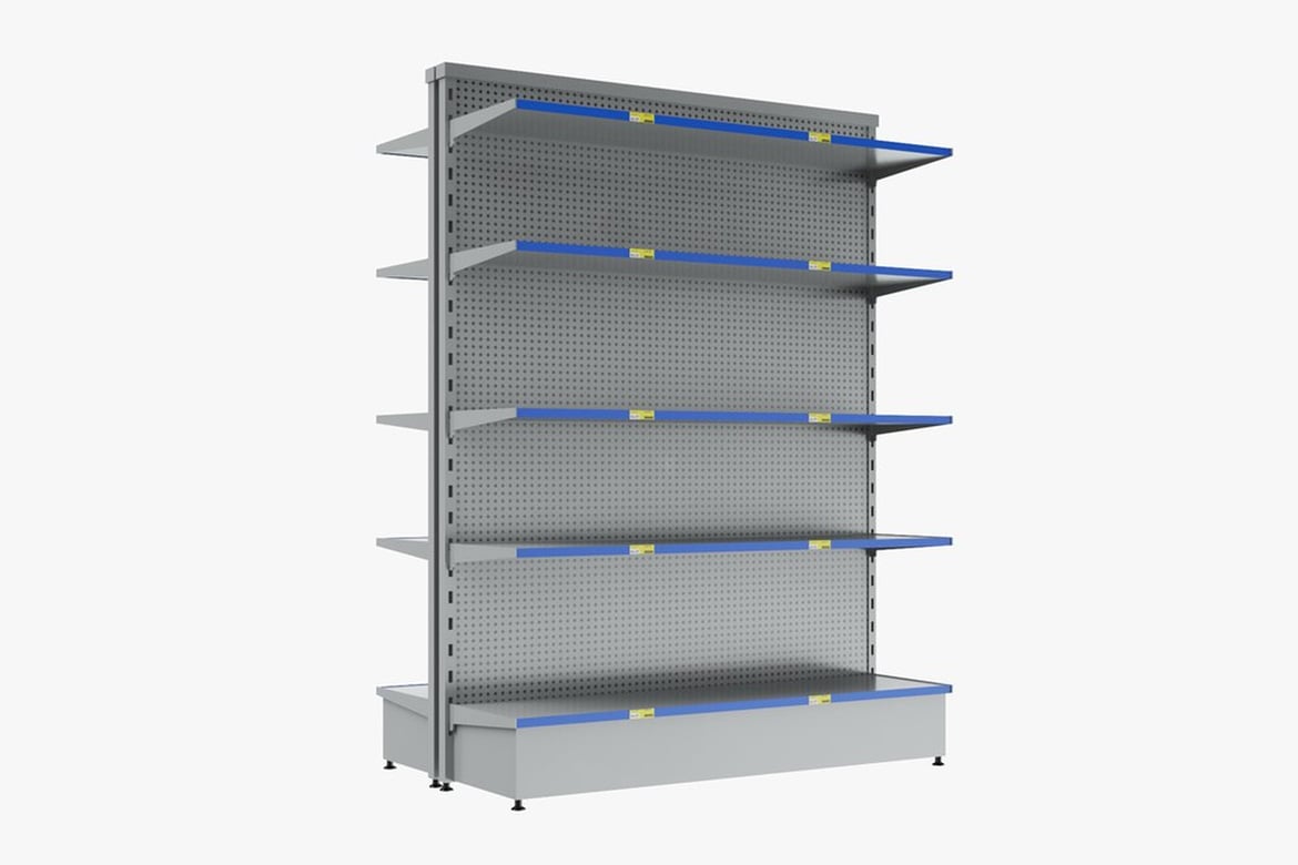 Download Empty Supermarket Display, Perforated Metal Shelving Unit with Blue Shelves 3D Model