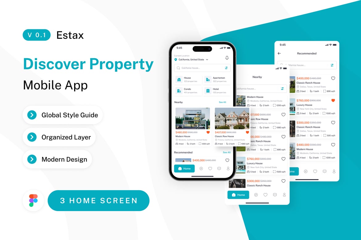 Download Estax - Home Screen Real Estate Mobile App UI Kit Figma Design