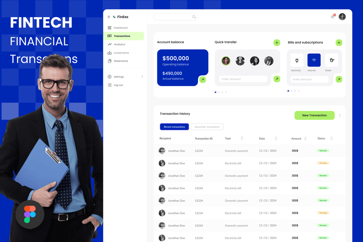 Download Fintech Financial Dashboard - Transactions Figma Design