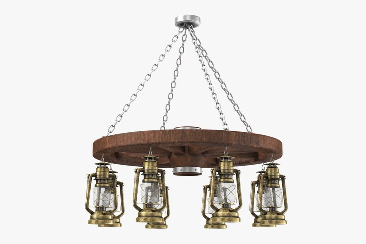 Download Five-Lantern Chandelier with Circular Wooden Base and Brass Frame 3D Model