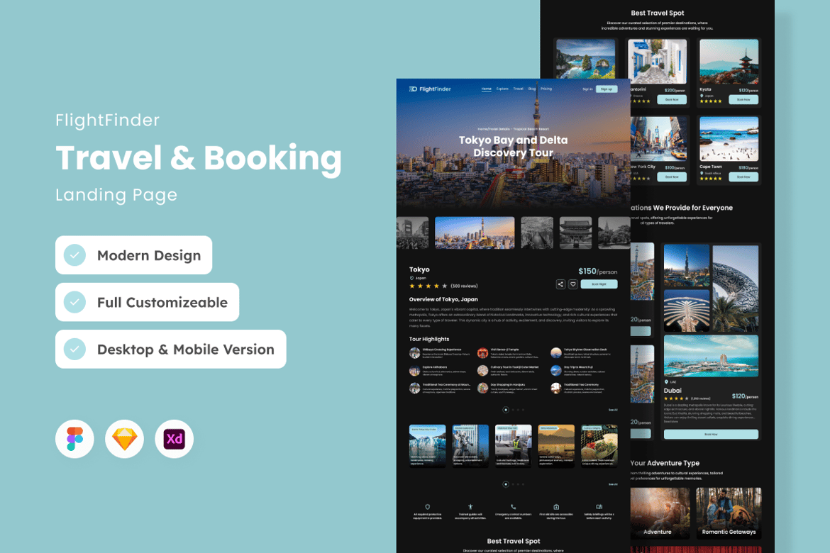 Download FlightFinder - Travel & Booking Landing Page Figma Design