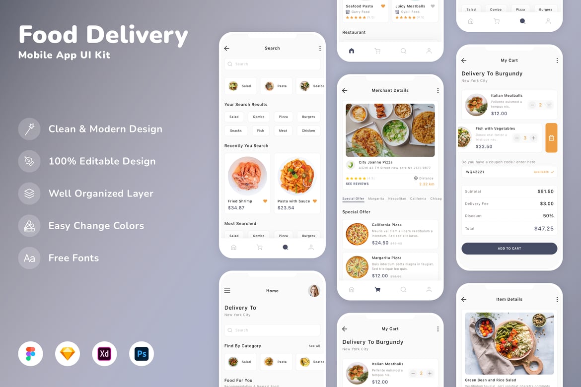 Download Food Delivery Mobile App UI Kit Figma Design