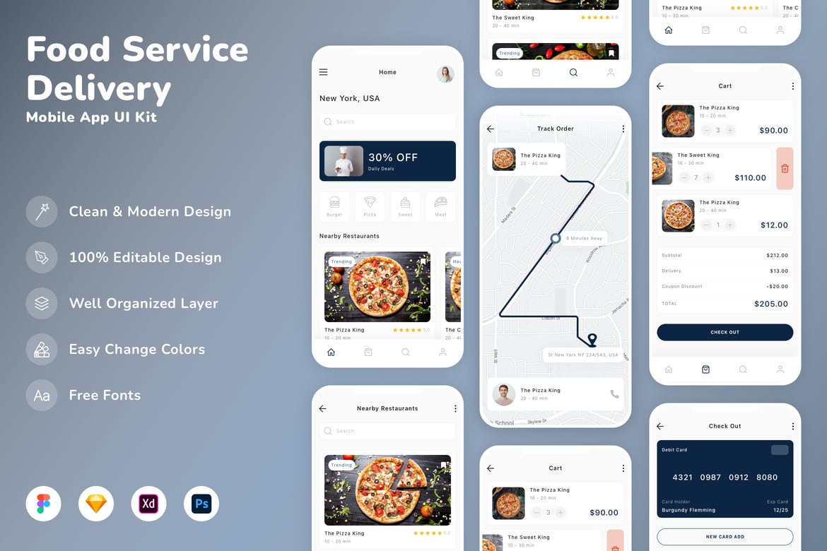 Download Food Service & Delivery Mobile App UI Kit Figma Design