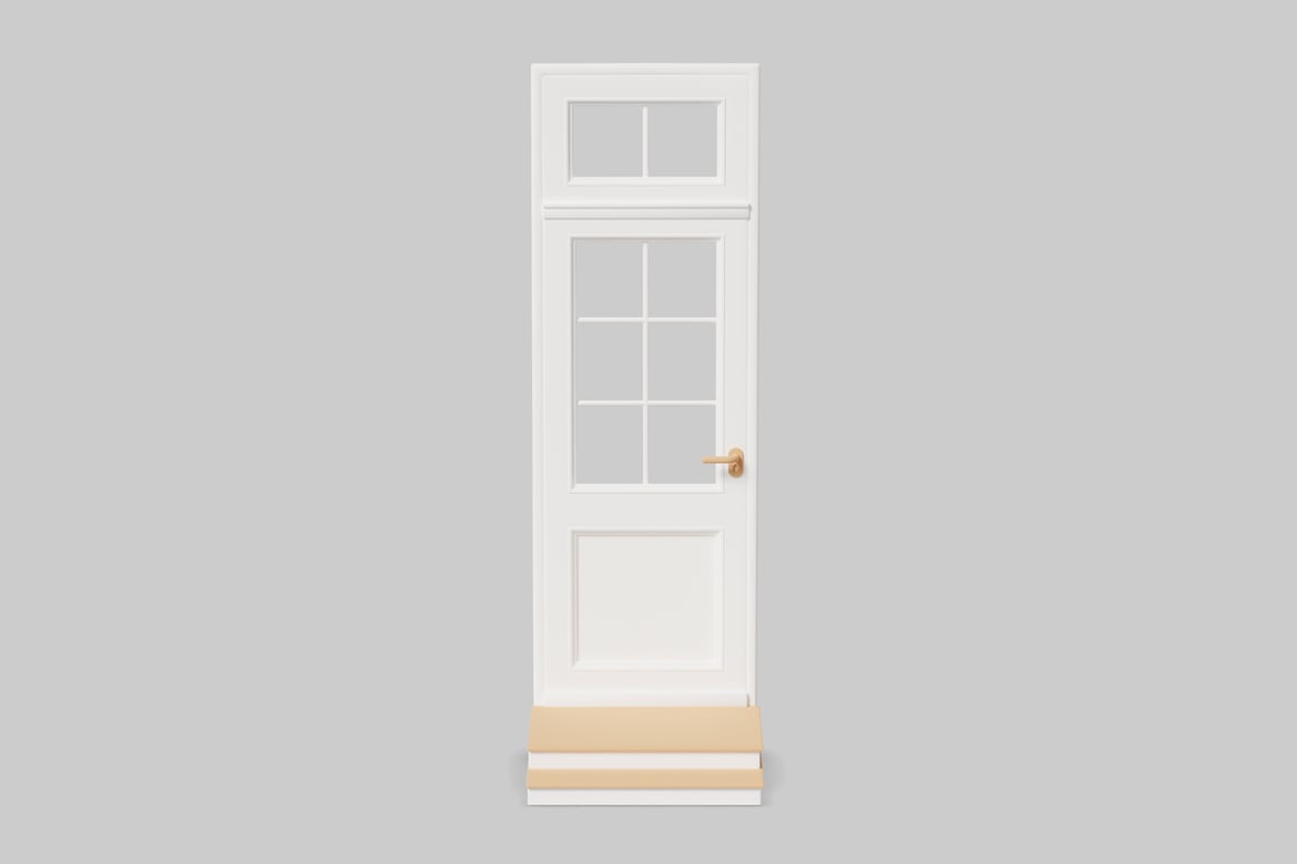 Download Front view of a white door with a golden handle and a window. 3D Model