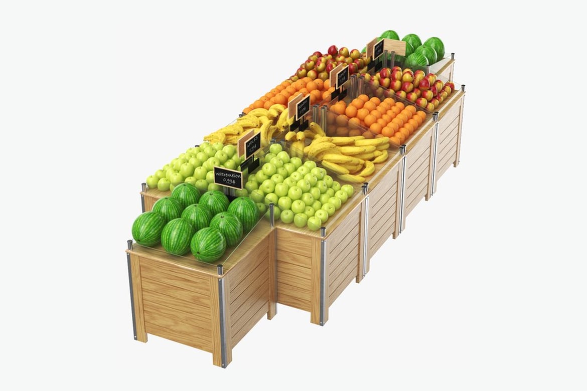 Download Full Grocery Display Island, Fruit Display on Wooden Crates 3D Model